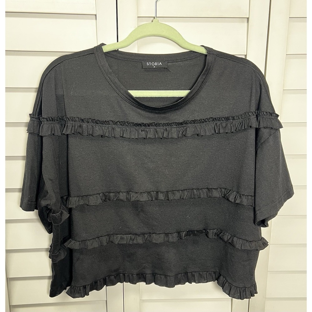 Storia Oversized Pullover Short Sleeve Ruffle Top Women's Size Medium Black